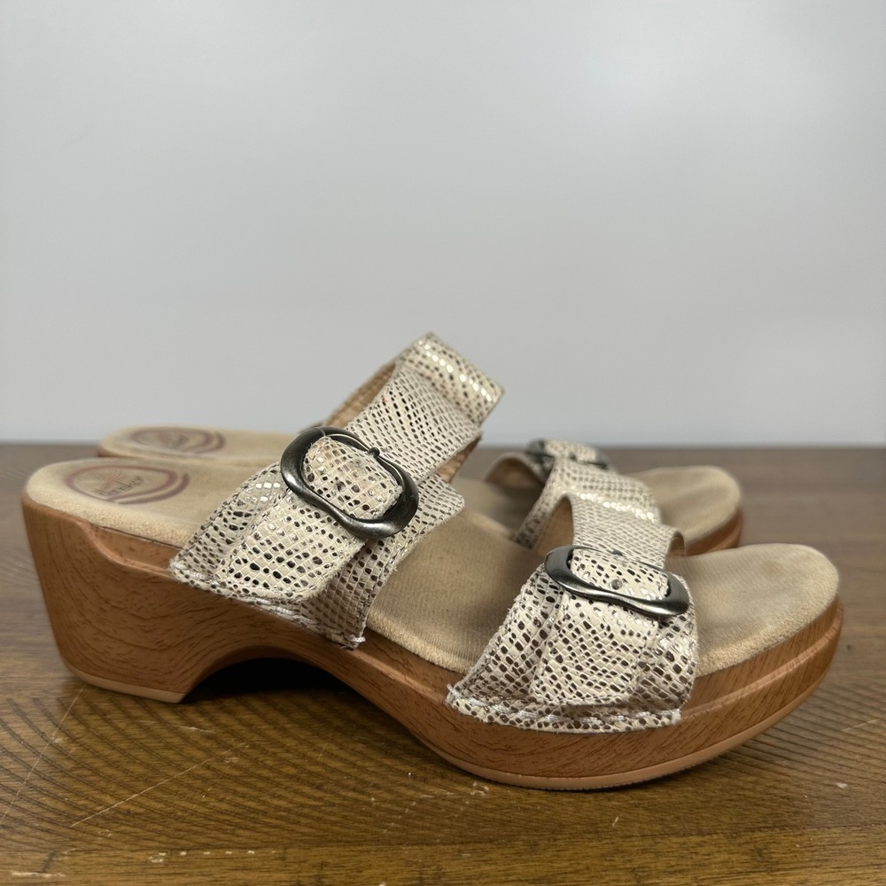 Dansko Sandals Womens 38 Beige Sophie Snakeskin Leather Wedge Slide Comfort Clog